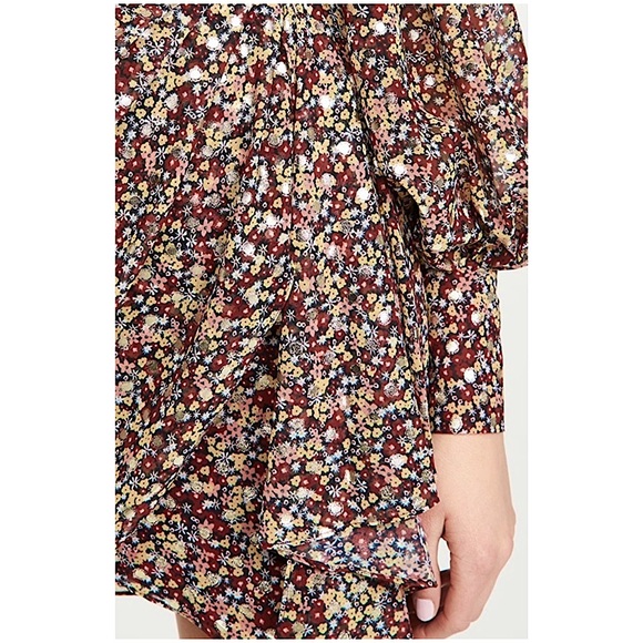 YUMI KIM Metallic Dot Floral Print Crepe Long Sleeve Draped Faux Wrap Dress‎ 4 - Picture 5 of 7